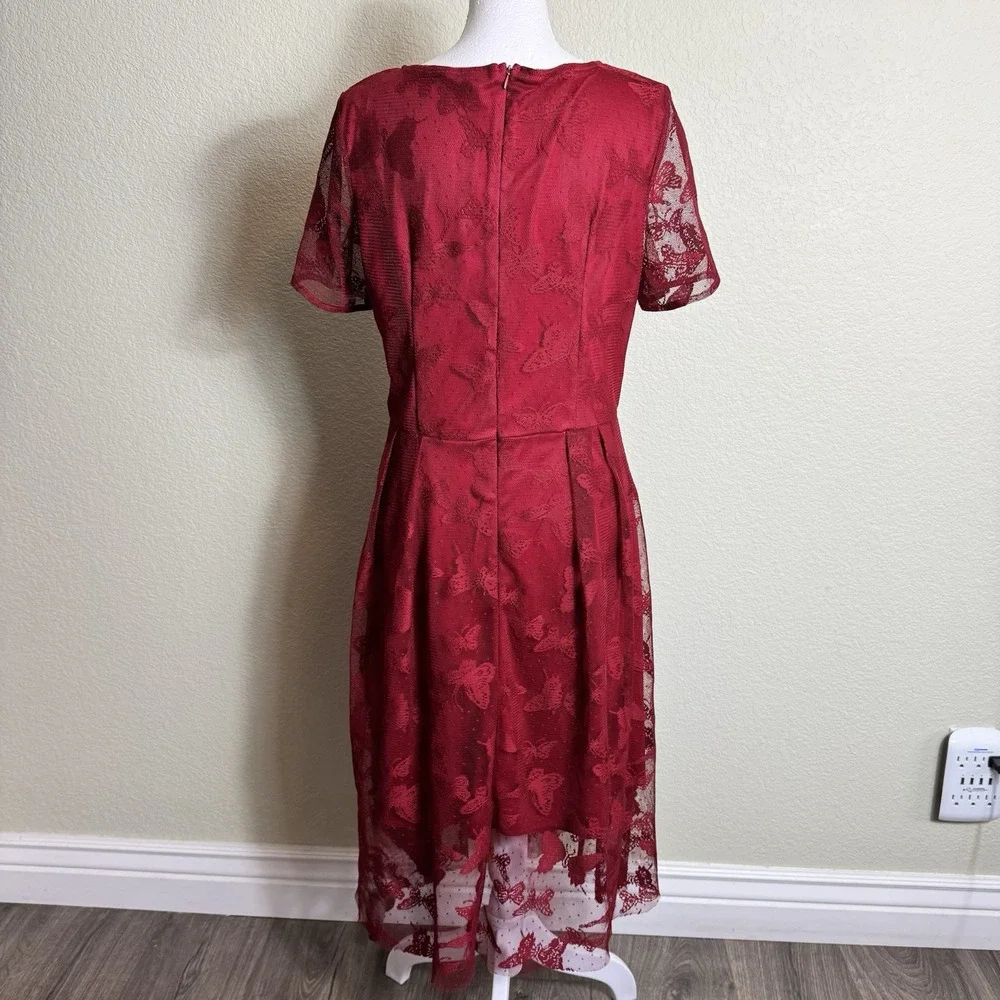 Shein Women's Dress Red Lace Lined Butterflies Short Sleeve Size L - Picture 4 of 8